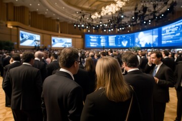 A large crowd of people gather in a grand ballroom for a conference.