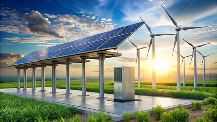 A solar panel canopy, framed by the golden hues of a setting sun, stands amidst a field of wind turbines, each a beacon of sustainable energy