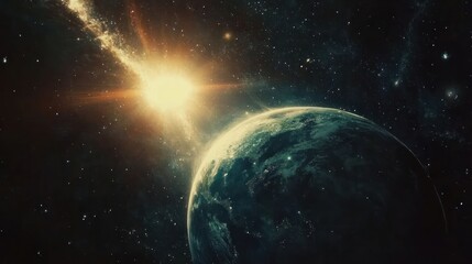 Obraz premium A stunning cosmic view of Earth with a bright celestial body illuminating the space.