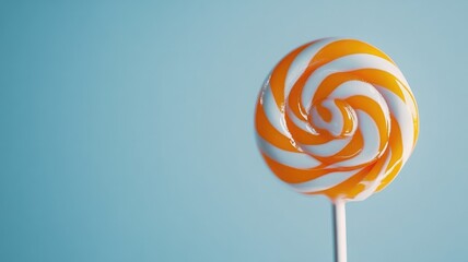 Orange and white swirled lollipop against blue background