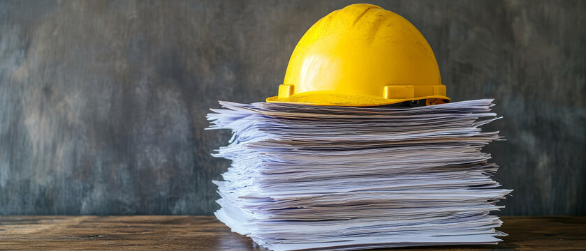 yellow hard hat rests on stack of project documents, symbolizing construction and safety. This captures essence of planning and preparation in work environment