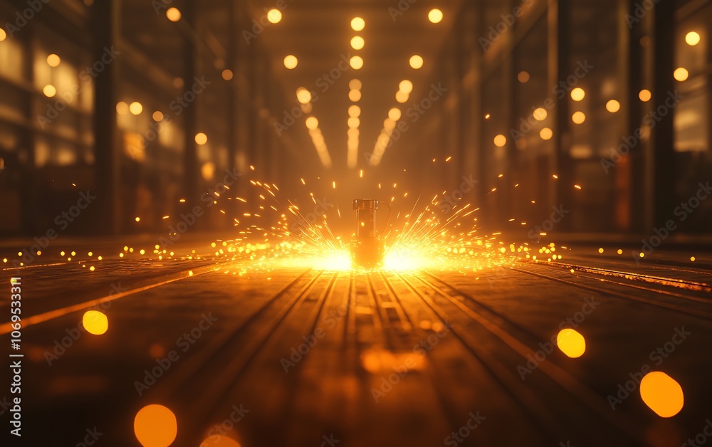 Poster a vibrant display of sparks illuminating a warehouse floor, showcasing an industrial setting with a 