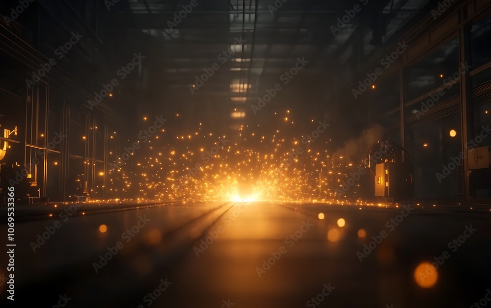 Poster a vibrant scene of sparks illuminating a dimly lit industrial space, highlighting the interplay of l