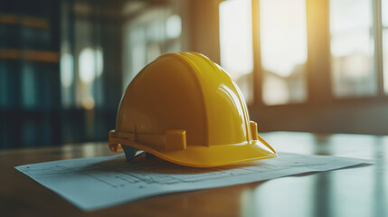 yellow hard hat rests on blueprint, symbolizing construction and safety. warm sunlight enhances workspace atmosphere, creating productive environment