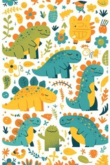 Obraz premium A playful illustration featuring colorful dinosaurs among flowers and plants.