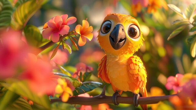 A cute, cartoon parrot perched on a branch surrounded by pink flowers.