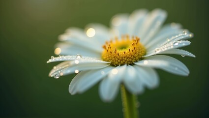 Fototapeta premium Close-up of a white daisy with water droplets on petals, vibrant yellow center, against a blurred green background. Generative, AI.