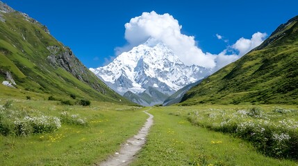 Fototapeta premium Explore the majestic mountain landscape surrounded by lush green valleys and clear blue skies