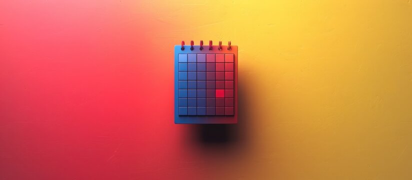 A small blue calendar with a red square marking a single day, against a red and yellow background.
