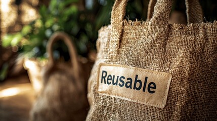 Natural burlap reusable bags displayed in a sunny environment for eco-friendly shopping