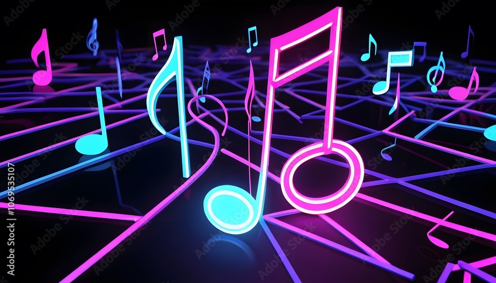 Poster vibrant 3d music note neon light animation for captivating backgrounds in digital media projects