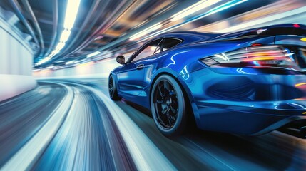 Fototapeta premium Rear view of a blue Business car at high speed in turns, AI generated image