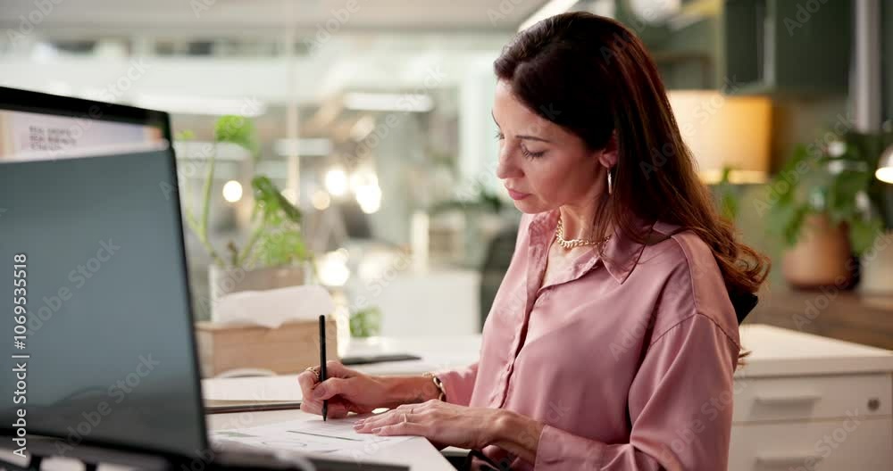 Poster computer, documents and writing with business woman at desk in office for administration or report. 