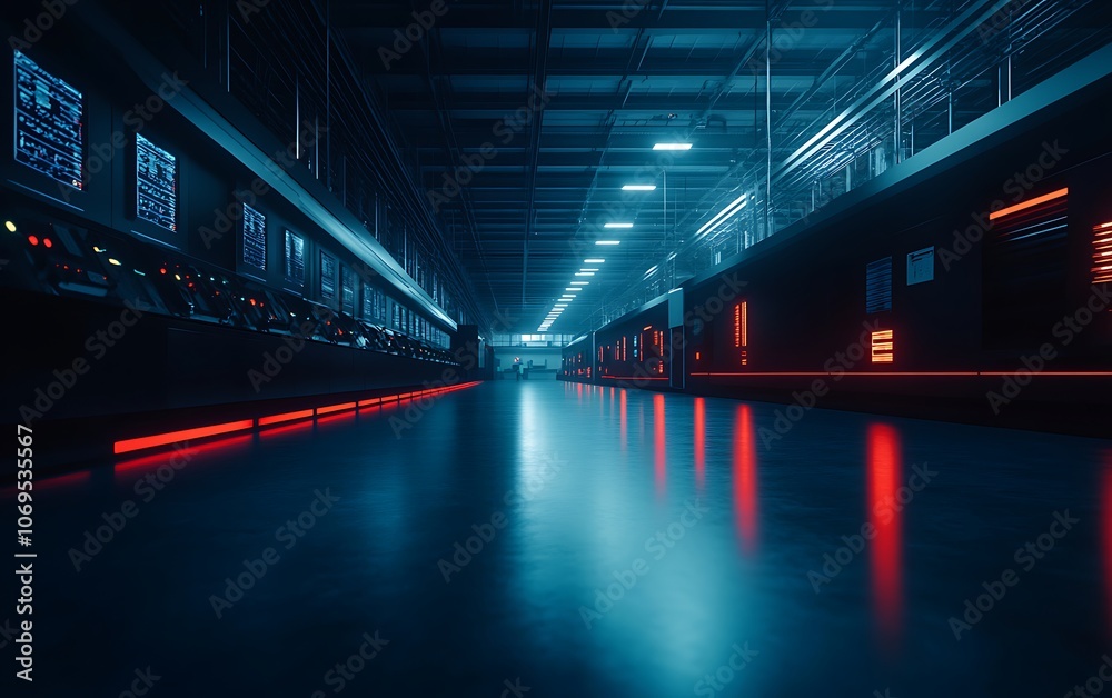 Aufkleber a futuristic data center corridor illuminated in blue and red light, featuring rows of servers and a