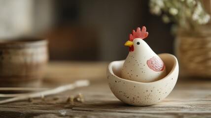 Cute ceramic hen figurine placed in speckled bowl on rustic wooden table