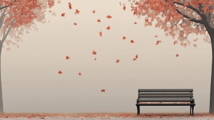 Empty bench in park with falling autumn leaves from trees