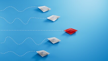 Individual red leader paper boat lead other. Business and leaderboat concept. 3D illustration.3D rendering on blue background.