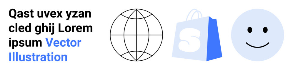 Fototapeta premium A globe, a blue shopping bag, and a smiling face. Ideal for e-commerce, global shopping, customer satisfaction, online retail, marketing. Landing page