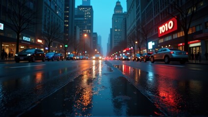 Obraz premium Dusk cityscape with illuminated buildings, wet street reflections, cars, and a hazy sky. Mysterious, urban, moody atmosphere. Generative, AI.