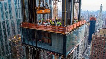 Fototapeta premium Modern skyscraper construction project with glass panels being installed, workers carefully placing each panel, cranes lifting materials,