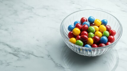 Colorful round candies in glass bowl on marble surface