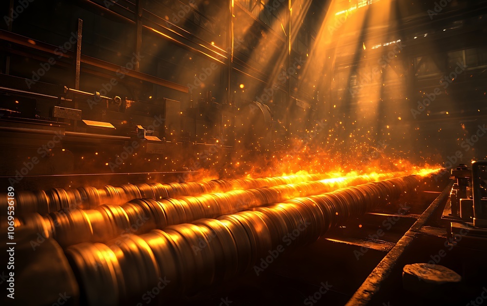 Poster a dimly lit industrial scene with beams of light illuminating molten metal flowing through pipes, cr