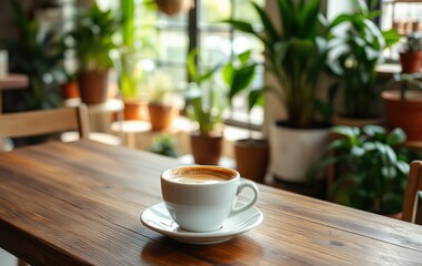 Fototapeta premium Serene Coffee Moment in a Lush Indoor Garden Cafe