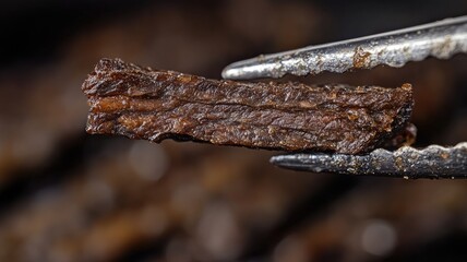 Fototapeta premium Close-up of dried, seasoned meat held by tongs