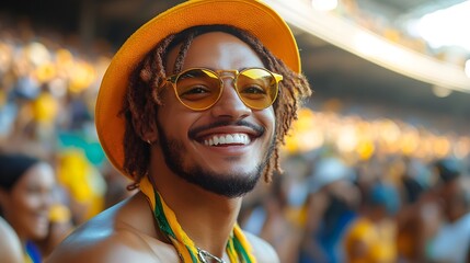 Smiling Brazilian soccer fans celebrating a goal, crowded stadium stands