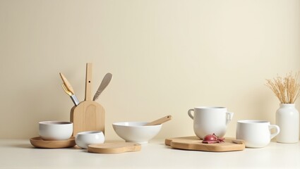 Still life of breakfast table with milk, teapot, cups, and bread on a beige background. Generative, AI.

