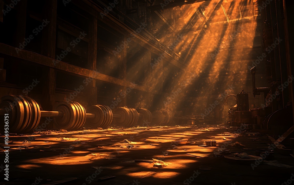 Aufkleber a dimly lit industrial space with beams of sunlight streaming through, highlighting scattered debris