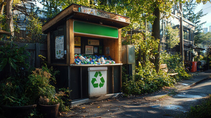 Community recycling station surrounded by greenery in an urban setting during daytime