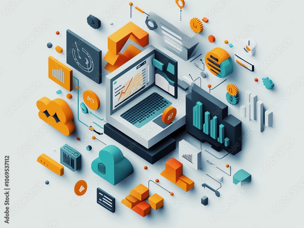 Poster a 3d isometric illustration of a laptop surrounded by various icons representing business and techno