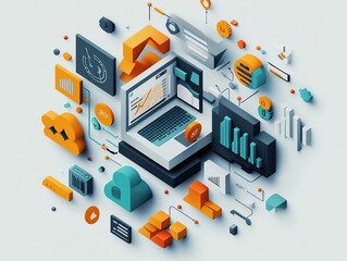 Obraz premium A 3D isometric illustration of a laptop surrounded by various icons representing business and technology.