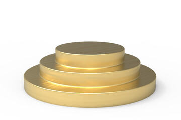 Golden cylindrical three-tier pedestal featuring smooth, minimalistic surfaces and a modern design. perfect for showcasing products. isolated on transparent background

