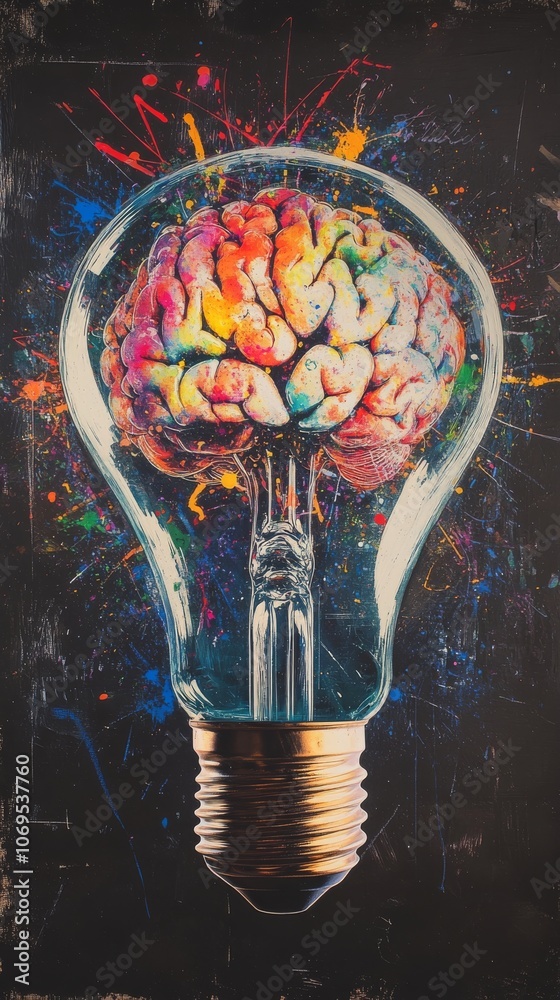 Aufkleber creative concept of colorful brain in light bulb with splattered paint background