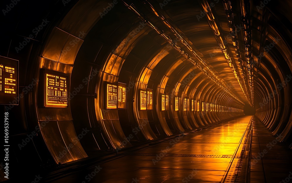 Poster A dimly lit tunnel with glowing orange lights and a reflective floor, creating a futuristic and mysterious atmosphere.