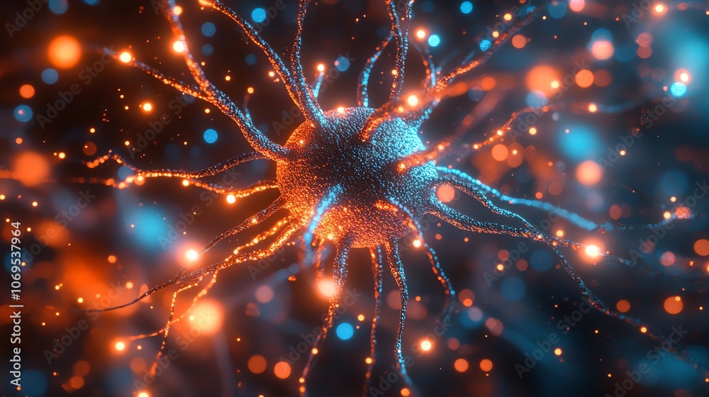 Poster A 3D rendered illustration of a glowing neuron with branching dendrites.
