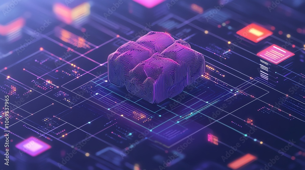 Poster A 3D rendering of a data center server on a circuit board with colorful glowing lines.