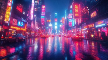 a cyberpunk cityscape packed with neon lights, flying cars, and towering skyscrapers, depicting a hyper-futuristic commercial district full of life and technology at night