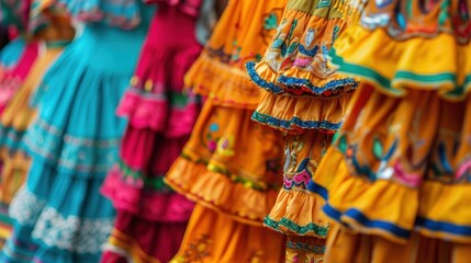 A display of colorful traditional costumes from different Latin American countries highlighting the diversity of the region.