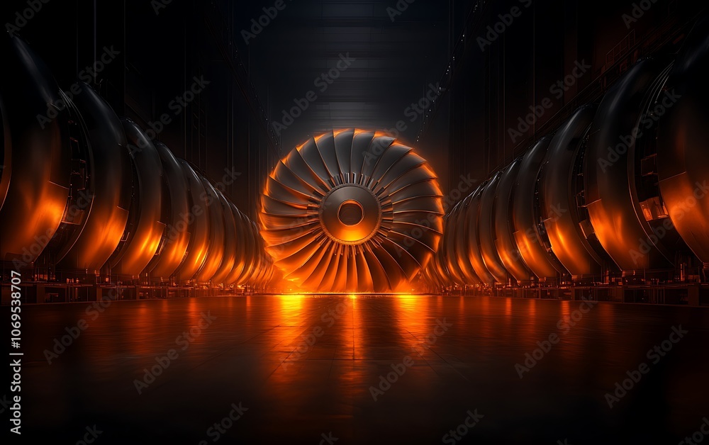 Aufkleber a futuristic display featuring a large turbine surrounded by glowing elements, evoking a sense of ad
