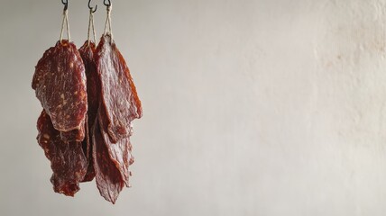 Dried meat slices hanging from hooks against light background
