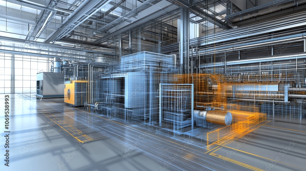 Leinwandbilder a 3d rendering of a factory floor with industrial machinery in a wireframe view.