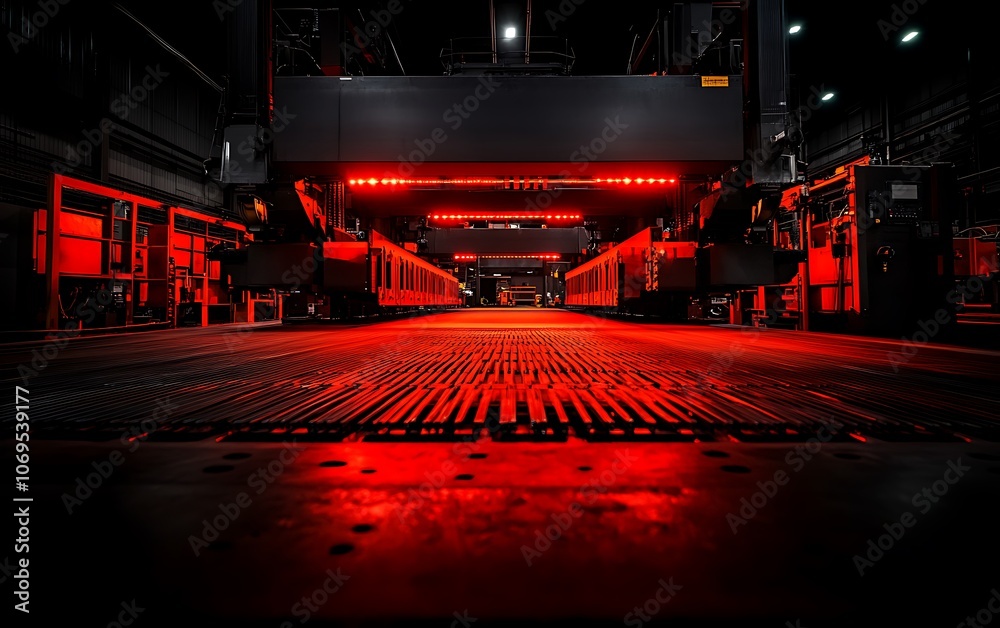 Poster a dimly lit industrial setting with red lighting illuminating a metallic floor, creating a dramatic 