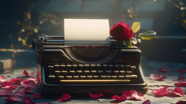 Typewriter with blank sheet surrounded by pink petals and a rose. Concept of writing love letters