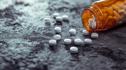 Close-Up of White Pills Spilled from Amber Prescription Bottle