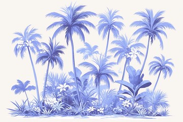 Obraz premium A serene tropical landscape featuring palm trees and lush vegetation in shades of blue.