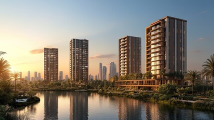 Fototapeta premium A daytime landscape shows modern architectural towers against a clear sky, symbolizing urban development and growth.
