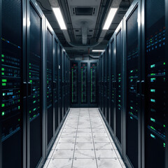 Modern Data Center Room with Illuminated Server Racks in a High-Tech Environment